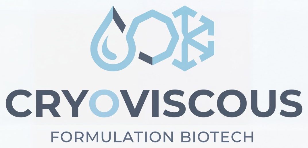 The Cryoviscous emblem: a liquid droplet, hexagon and snowflake marking the characterised low-temperature high-viscosity formulation state — a Panacea Bio Chem technology by Bogdan Dicoias